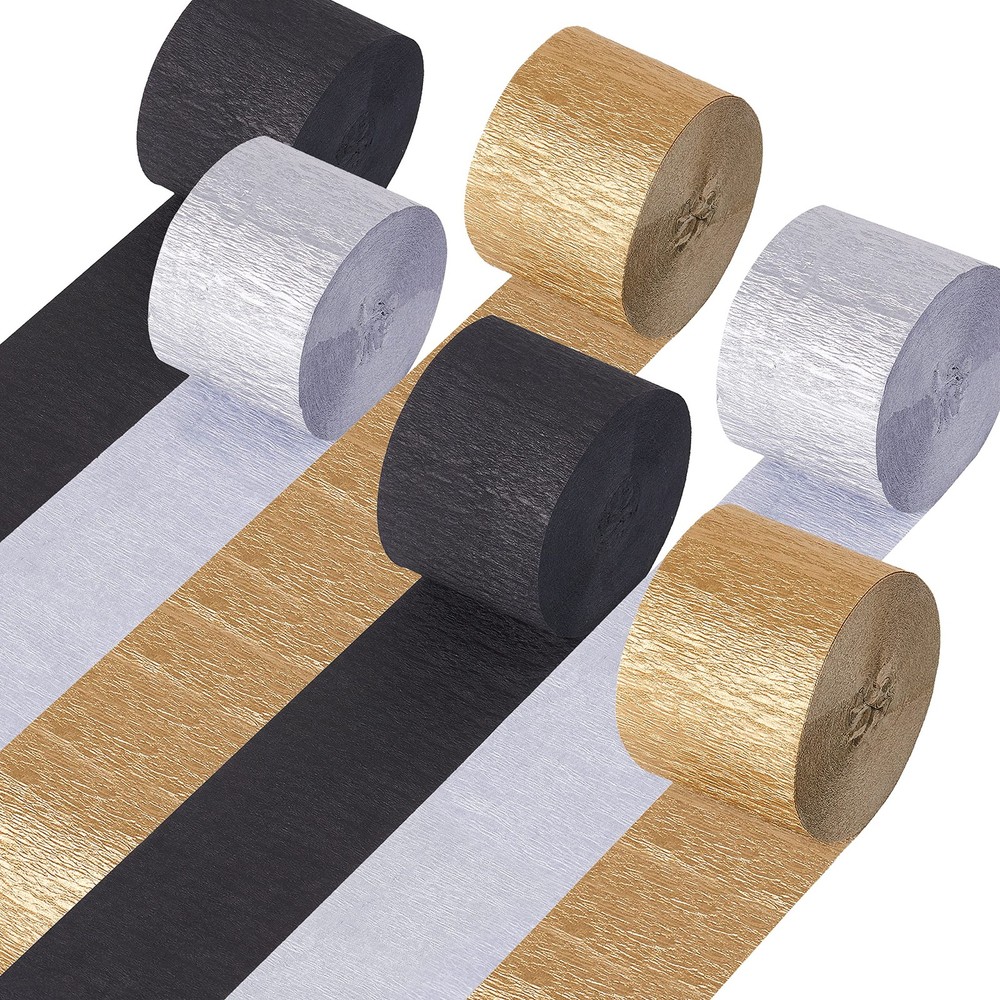 6 Rolls Black Gold Silver Crepe Paper Streamers Tassels Backdrop Decor