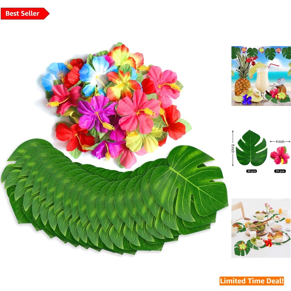 Realistic 60-Pcs Tropical Palm Leaves & Hibiscus Artificial Flowers Decor