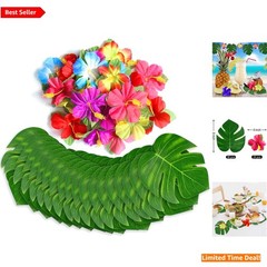Realistic 60-Pcs Tropical Palm Leaves & Hibiscus Artificial Flowers Decor