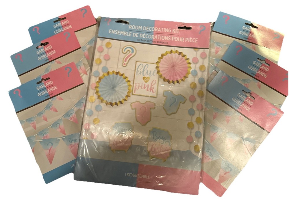 Gender Reveal Room Decorating Kit & Garland Baby Boy Girl Pink Blue Amscan NIP