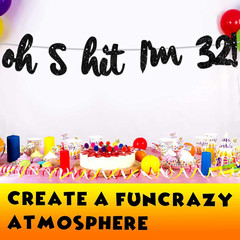 Oh I’M 32! Banner Backdrop Glitter Black Hallo Thirty Two Cheers to 32 Years Old