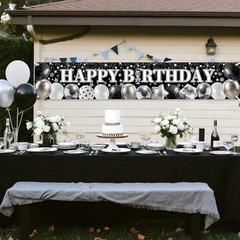 Black and White Happy Birthday Banner with Sparkly Balloons & Stars Pattern,