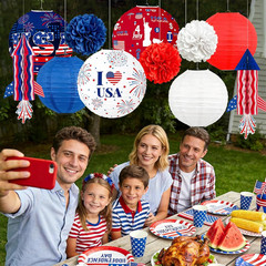 4Th of July Decorations Red White Blue Paper Lanterns Flower Tissue Pom Poms Fan
