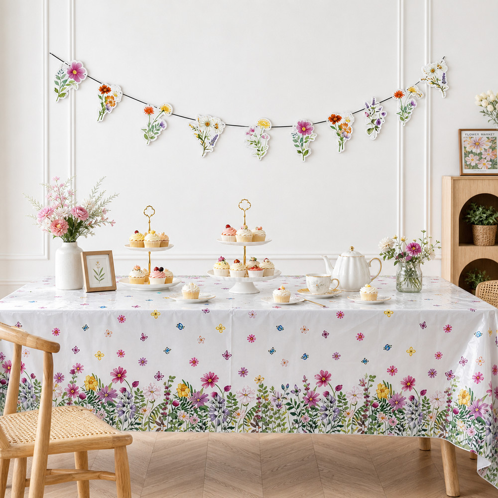 Floral Party Decorations Set Wildflower Tablecloth and Banner Birthday Wedding