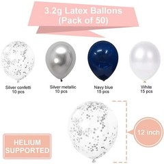 Navy Blue and Silver Confetti Balloons 50 pcs, 12 inch White Pearl and Silver