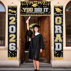 Graduation Decorations Class of 2026 Graduation Banner 3 Pieces Set Black Gold C