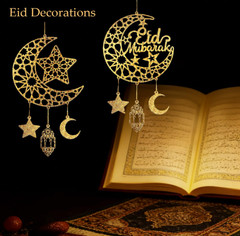 Ramadan Decorations, Eid Mubarak Moon & Star Wooden Hanging Decorations