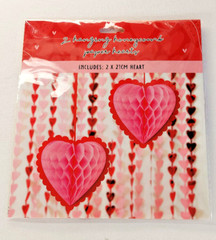 2 HANGING HONEYCOMB PAPER HEARTS PINK – FLAT BACKS – RED HANGING RIBBON