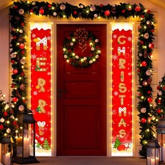 Merry Christmas Decorations Banners Outdoor Red Hanging Cookie Pattern Banne…