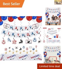 Complete Hockey Birthday Decorations: Banner, Balloons, Swirls & Tablecloth