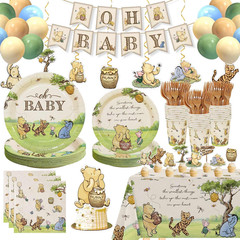 Classic Winnie Bear Baby Shower Decorations Plates Set, Neutral Vintage Pooh Oh