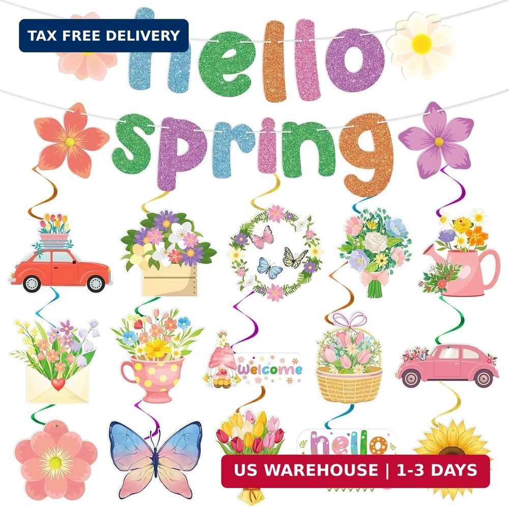 Hooqict Spring Party Decorations Hello Spring Banner with 15Pcs Flower Butterfly