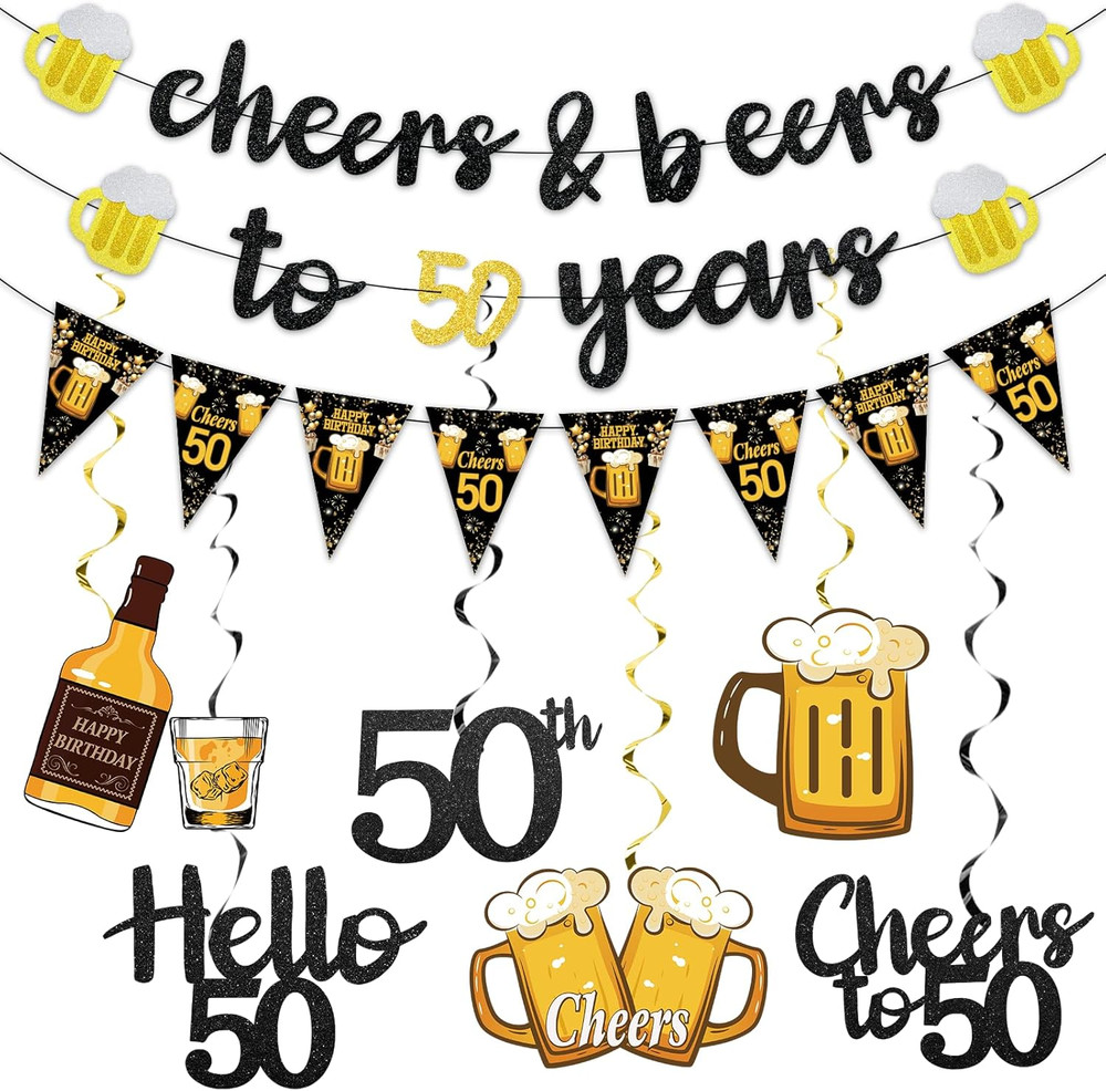 Black Gold 50Th Birthday Decorations for Him Men | Glitter Pre-Strung Cheers to