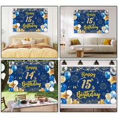 Happy 15th Birthday Backdrop Decorations Blue 15th Blue Gold Background Banner