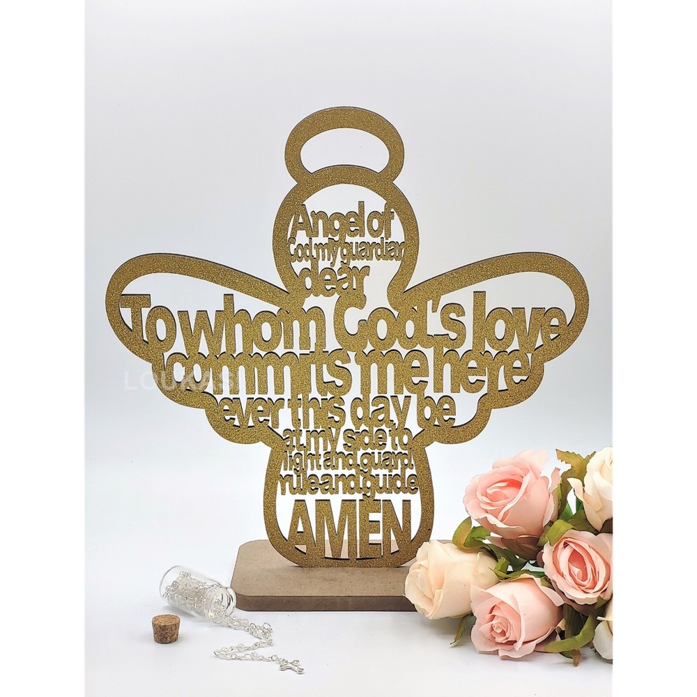 US 4/12 Wood Religious Guardian Angel Centerpiece wStand Baby Shower Home Decor