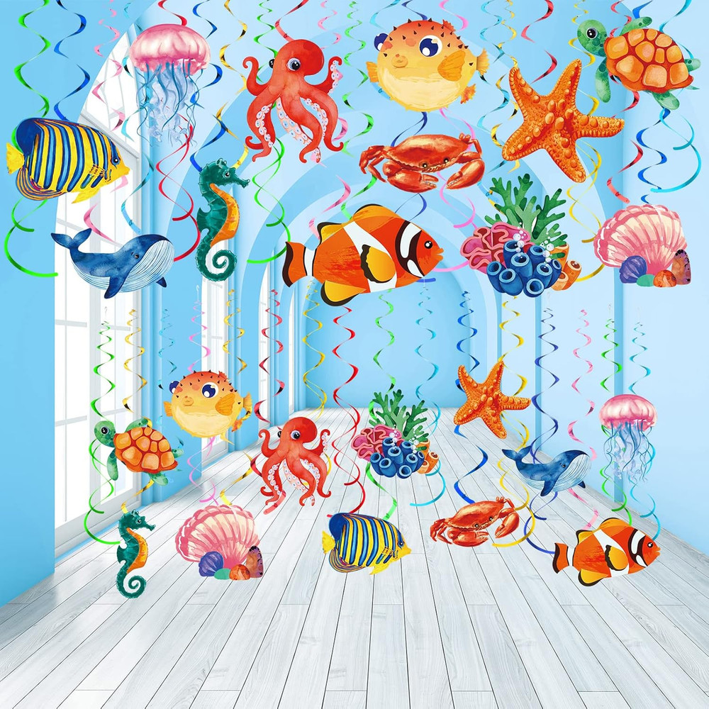 30 Pcs under the Sea Party Decorations Tropical Fish Hanging Swirls Ceiling Deco