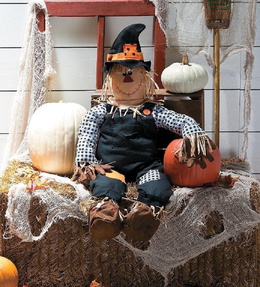 Large Stuffable Scarecrow in Witch Hat Fall / Halloween Porch Sitter 40″H #147