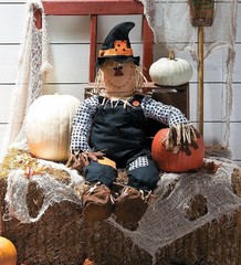 Large Stuffable Scarecrow in Witch Hat Fall / Halloween Porch Sitter 40″H #147