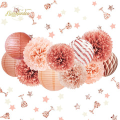 Rose Gold Party Decorations – 12PCS Pom Poms, Lanterns & Confetti Set