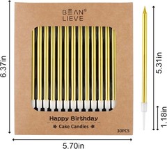 BEAN LIEVE 30-Count Gold Long Thin Metallic Birthday Candles, Cake