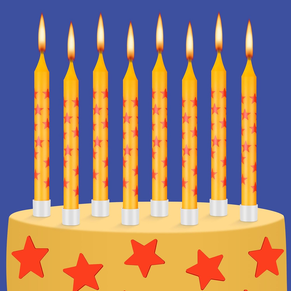 12 Pcs Anime Theme Birthday Candles Yellow and Red Stars Print Themed Birthday C