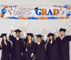 Congrats Grad Banner Decoration-Class 118 inches x 24 inches, Orange and Blue