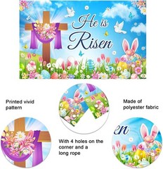 Mocicka Spring Easter Backdrop He is Risen Banner Floral Colorful Eggs green
