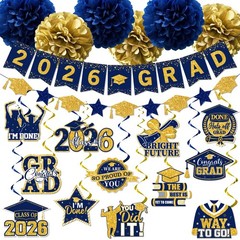 Navy Blue Graduation Decorations, 2026 Grad Banner and Congrats Grad Hanging …