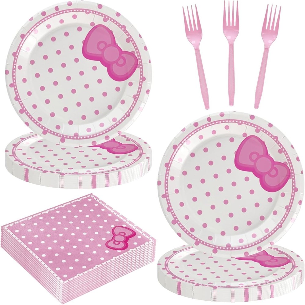 Cat Pink Polka Dots Disposable Birthday Tableware (Plates, Napkins, Forks)