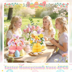 Easter Party Decorations,Paper Honeycomb Vase with Bouquet Print Card,Glitter Ed