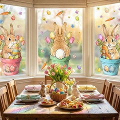 Easter Decorations Window Clings: Cute Little Bunny in the Potted Floral, Rust