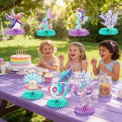 9 Pcs Mermaid Theme Birthday Party Decorations, 3D Double Sided Honeycomb Cen…