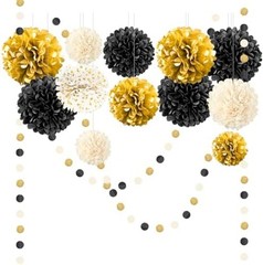 NICROLANDEE Black Gold Party Decorations, 15 PCS Tissue Paper Pom Poms Kit fo…