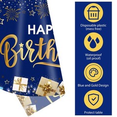 DUAIAI Happy Birthday Decorations, 3 Pcs Navy Blue and Gold Birthday Tableclo…