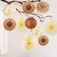 10 PCS Brown Rustic Paper Pom Poms Lanterns Folding Fans Party Decor Kit
