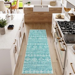Lahome Boho Geometric Bathroom Runner Rug, 2×6 Teal 2′ x 6′, Teal/White