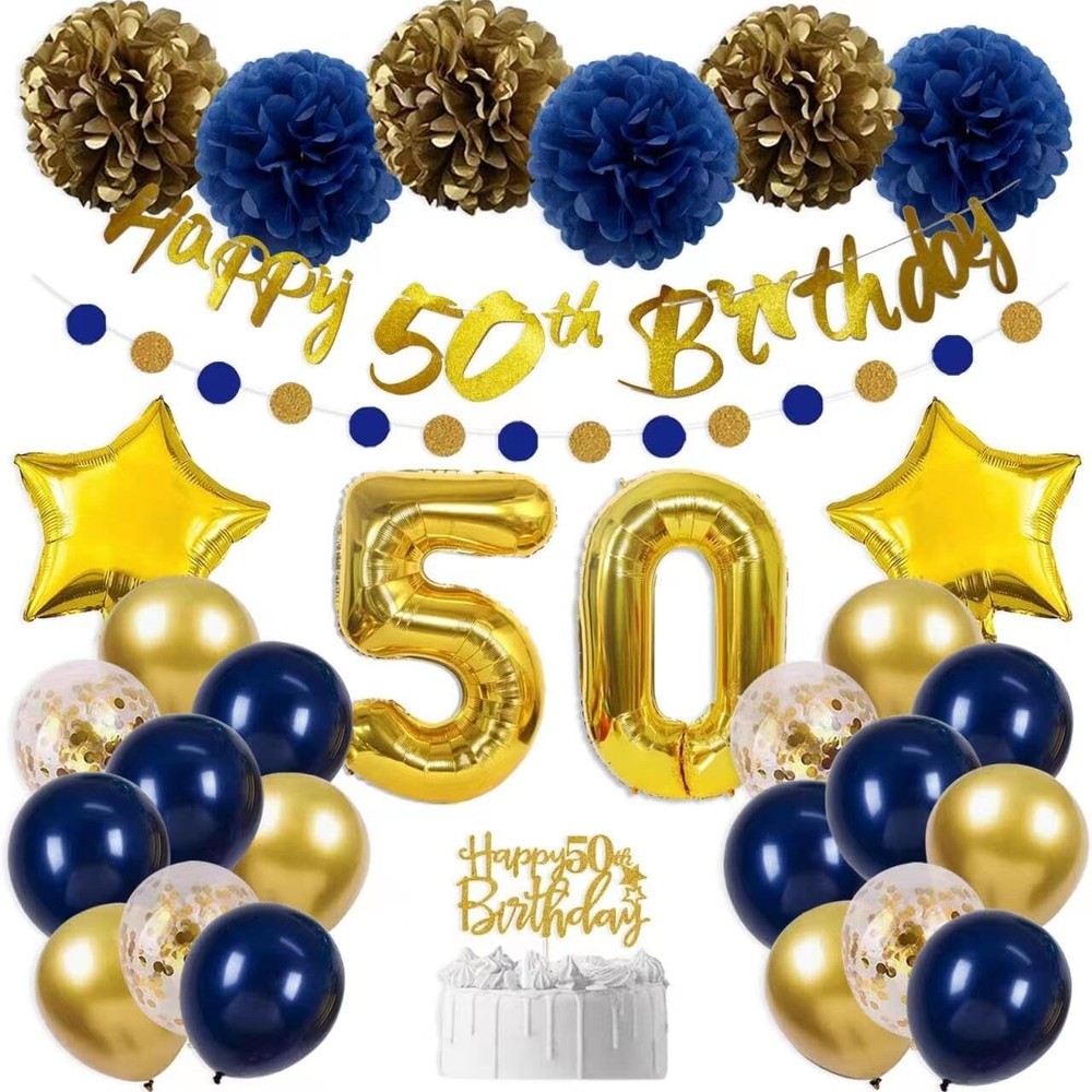 50th Birthday Decorations UNISEX Navy Blue Includes Gold Happy 50th Birthday…