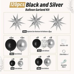 Black and Silver Balloons Garland Arch Kit with 3Pcs Star Balloon, Metallic Sliv