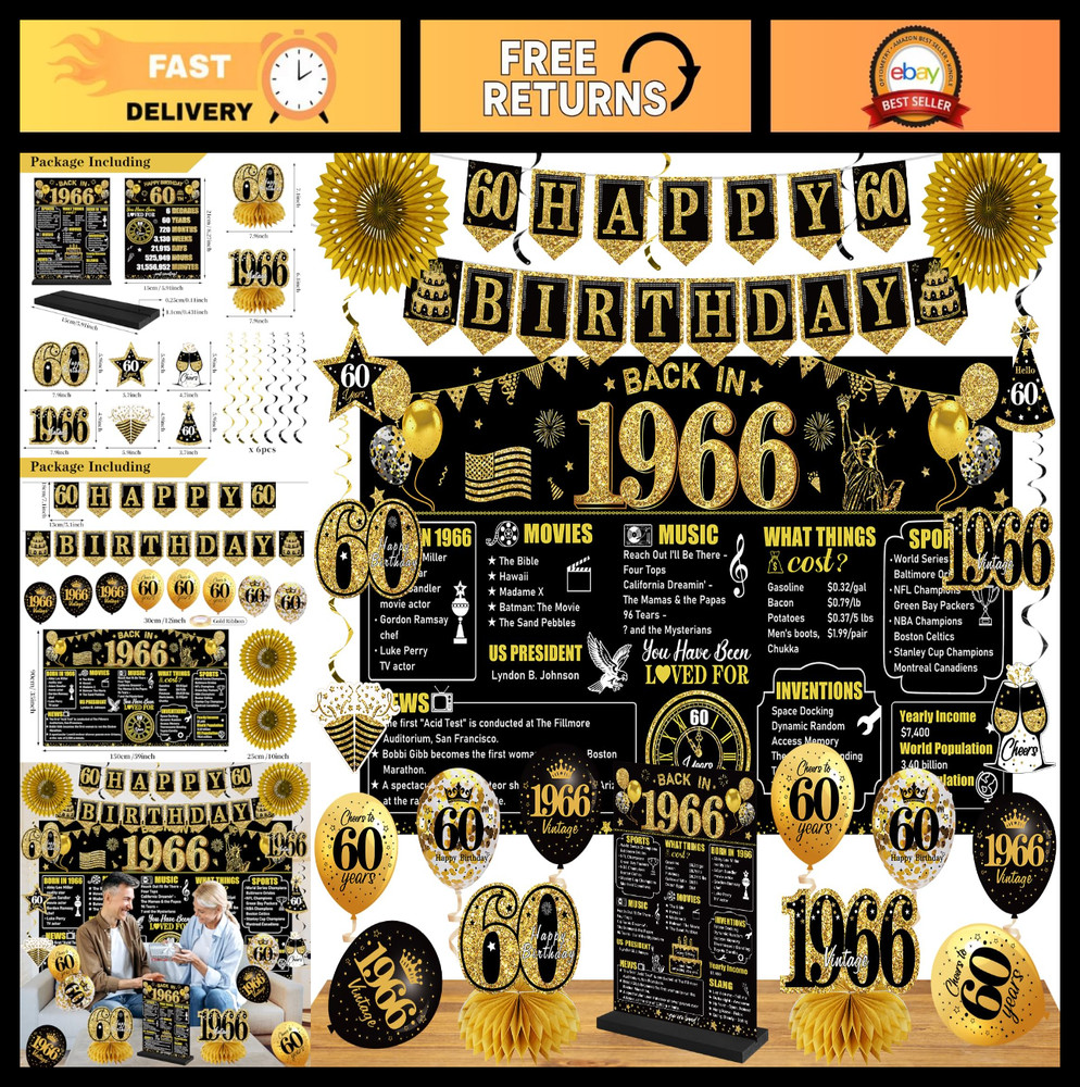 60th Birthday Decorations Kit – 24PCS Black Gold Vintage 1966 Banner, Balloons &