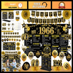 60th Birthday Decorations Kit – 24PCS Black Gold Vintage 1966 Banner, Balloons &