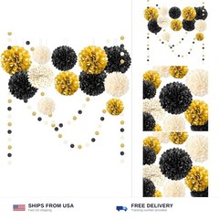 NICROLANDEE Black Gold Party Decorations, 15 PCS Tissue Paper Pom Poms Kit fo…