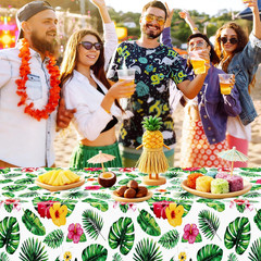 4Pcs Luau Party Decorations, 108″ X 54″ Floral Leaf Tablecloth, Disposable Plast