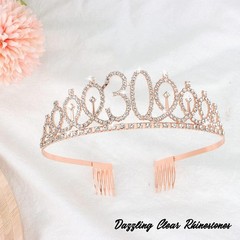 30th Birthday Crown Tiara & Rose Gold Sash Set with Pearl Pin – Glam Party Decor