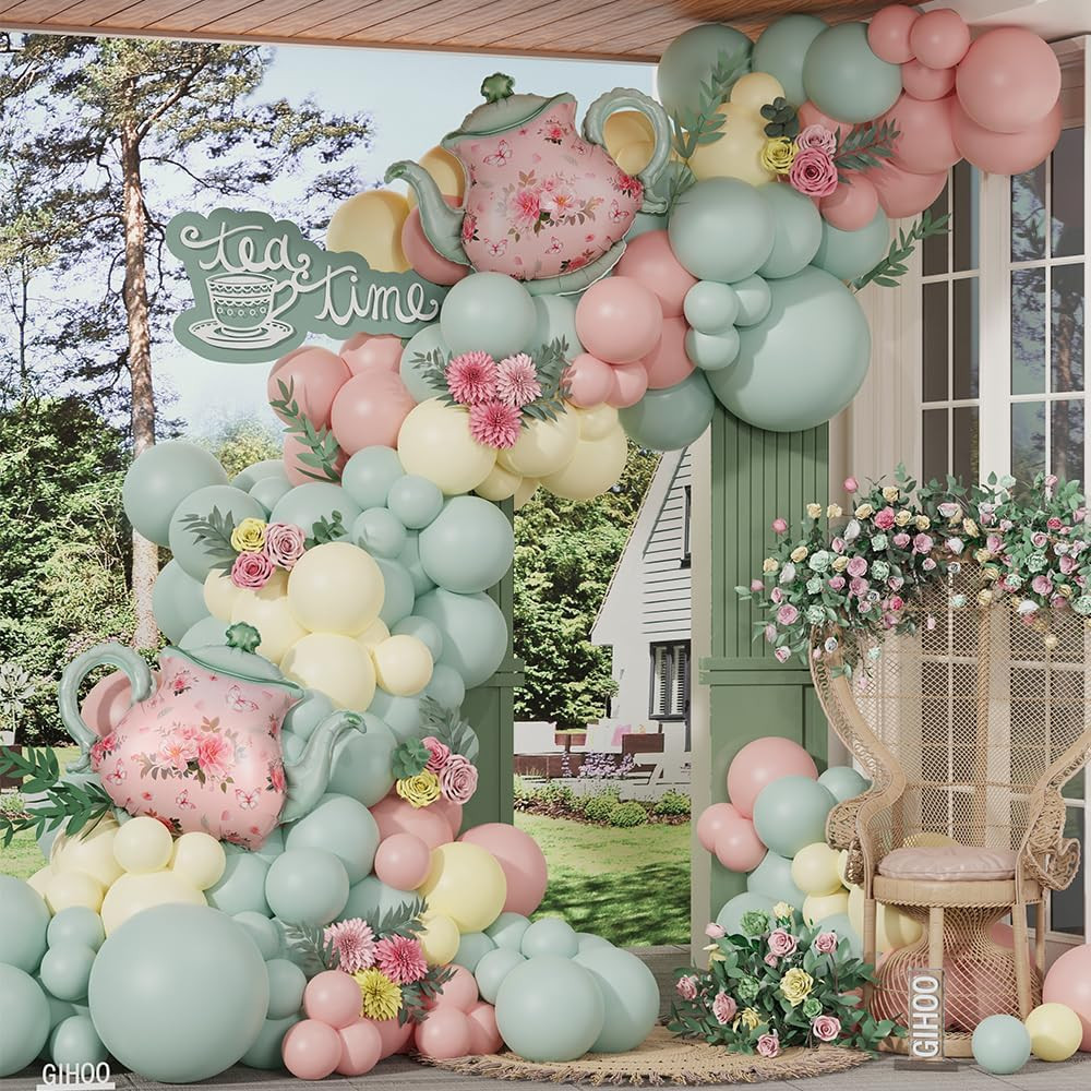 Tea Party Decorations 139Pcs Pastel Tea Party Balloon Arch Garland Kit with Pink