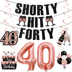 40Th Birthday Decorations for Women, Black Rose Gold Happy 40Th Birthday Banner