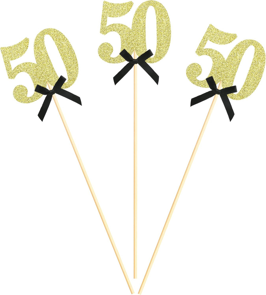 8 pcs Gold Glitter 50th Birthday Centerpiece Sticks, Number 50 with Bow Centerpi