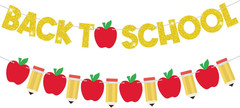 2 Pcs Pre-Strung Back to School Banner First Day of School Decorations Gold Glit