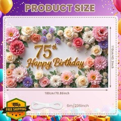 Flower 75th Birthday Banner Decorations for Women Pink Roses Floral Happy 75t…