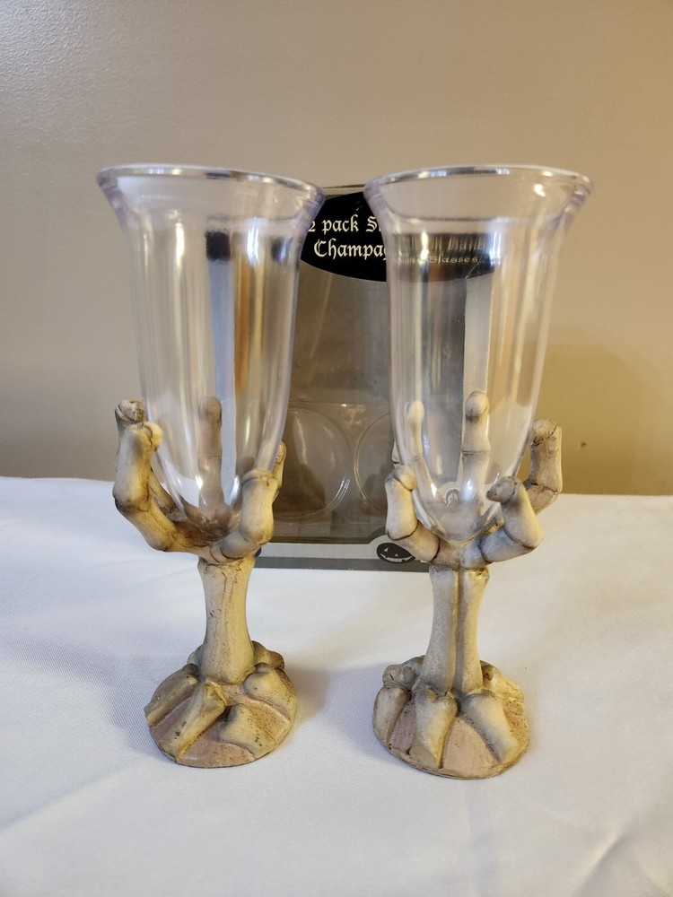Halloween Champagne Flutes Glasses Two Spooky Resin Skeleton Hand