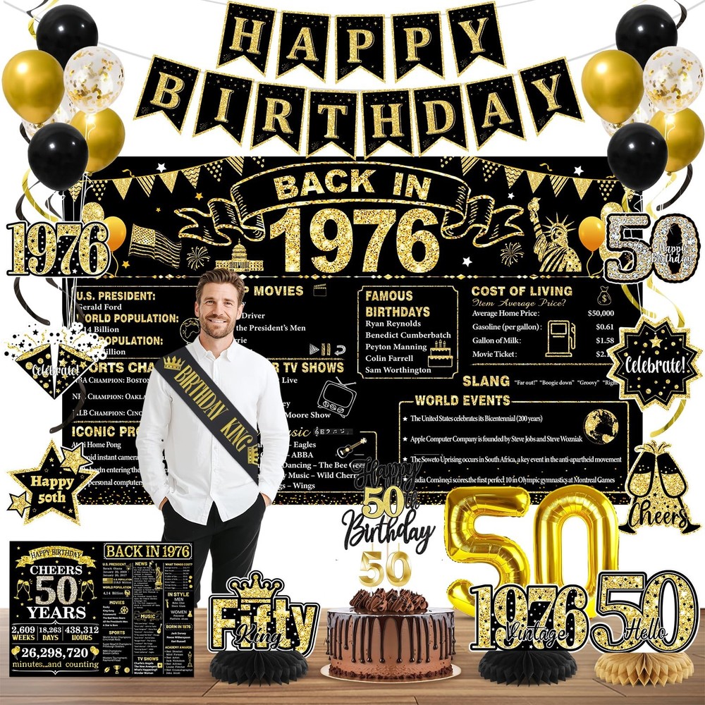 50th Birthday Decorations for Men, Black Gold Back